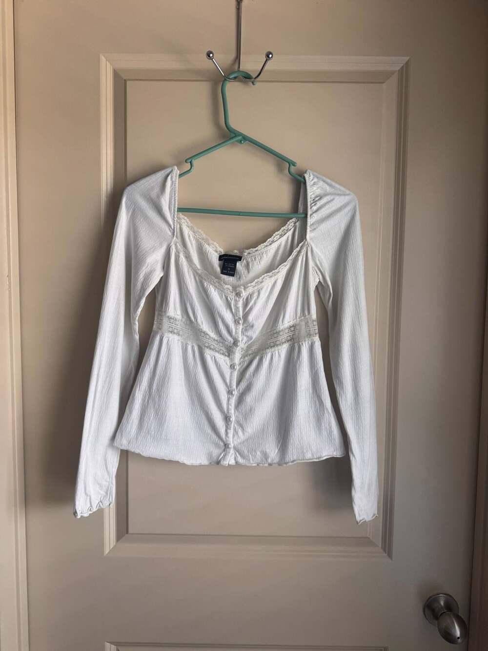 Moda International White Long Sleeve Lace Trim Button-Up Top Size S